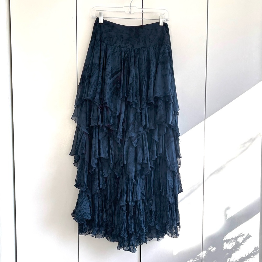 Free People Rare Summer Layers Ruffle Tiered Navy Maxi Skirt Size 2